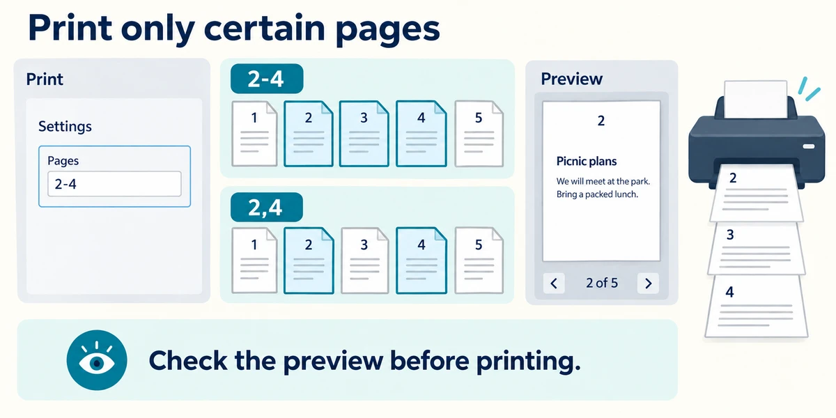 In the Pages box, 2-4 selects pages 2, 3 and 4; 2,4 selects only pages 2 and 4.