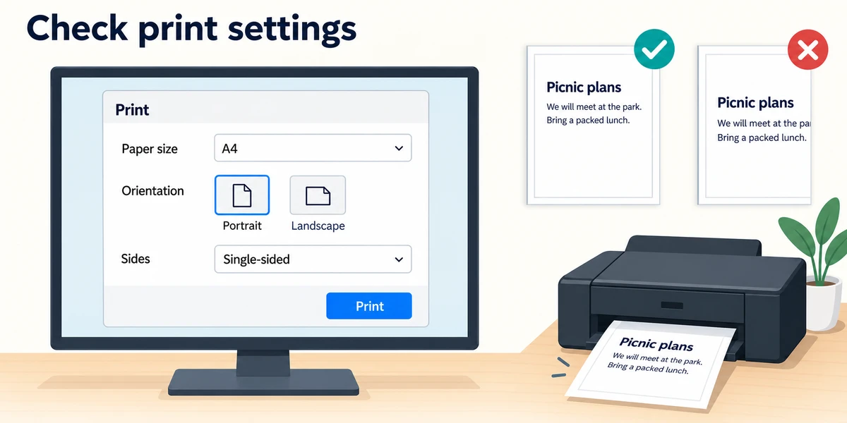 Print settings show paper size, orientation and single-sided printing beside previews with readable and clipped text.