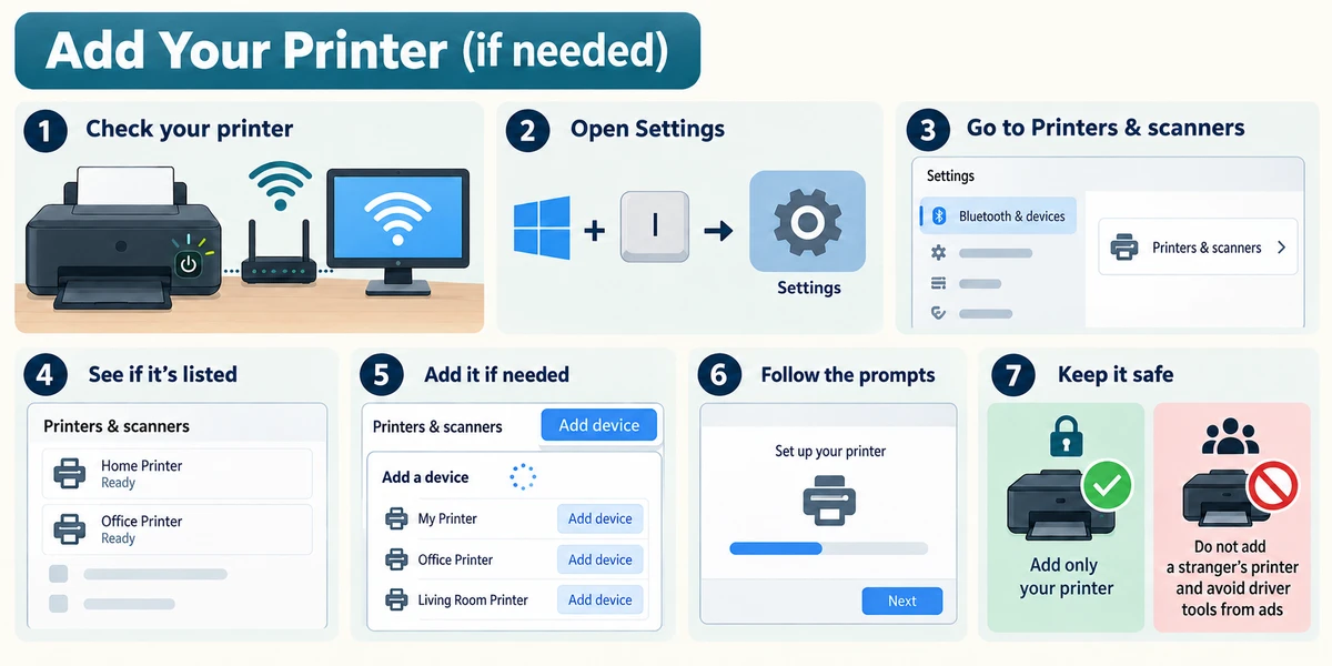 Printer setup follows its model guide, then Settings and Printers & scanners to find or add the intended printer.