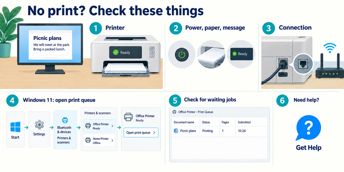 A missing print prompts checks of destination, power, paper, connection and waiting jobs in the print queue.