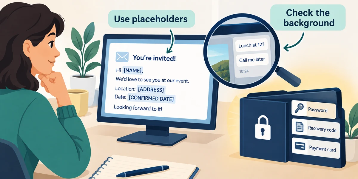 Use placeholders and inspect hidden background details before sharing with AI.