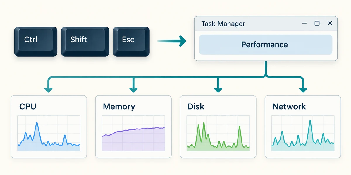Open Task Manager's Performance view and choose a resource graph.