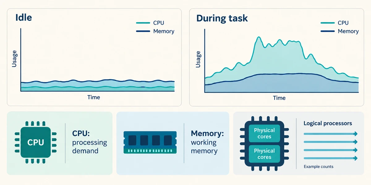 Compare idle and active moments, distinguishing CPU demand, memory use and processor counts.
