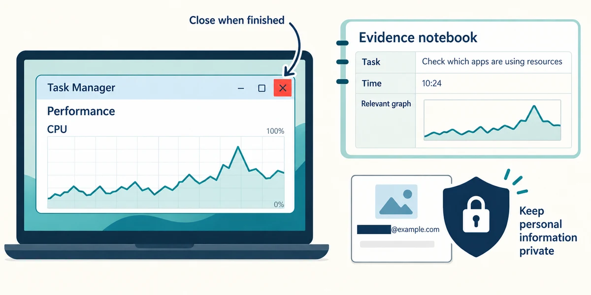 Record the task and graph, close Task Manager and hide private information before sharing.