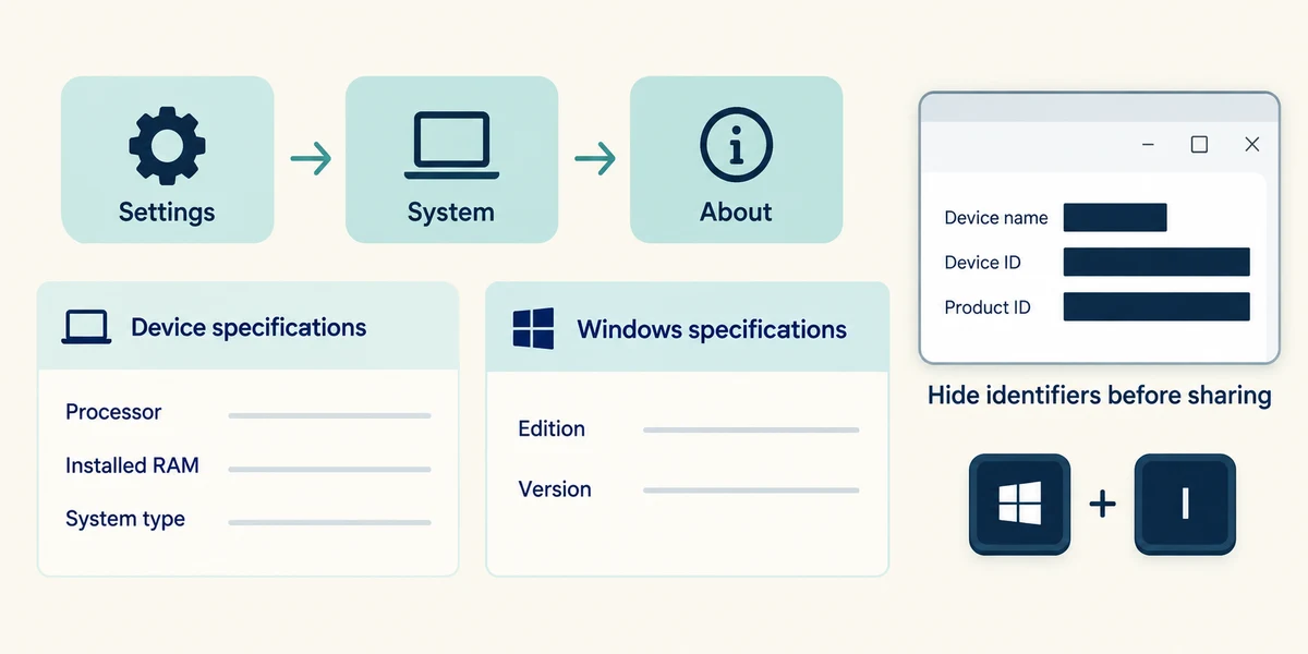 Find device and Windows specifications in About while keeping identifiers private.