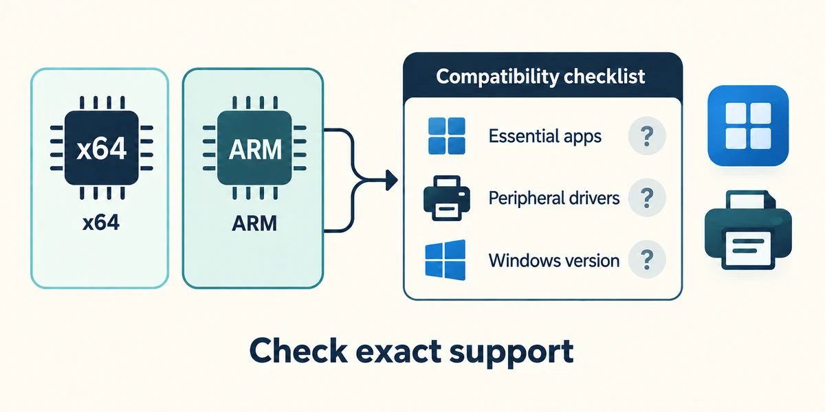 Check app and peripheral support for the processor platform and Windows version.