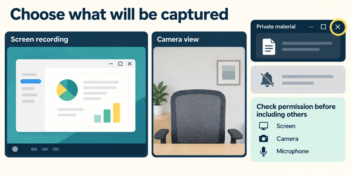 Close private material and distinguish screen capture from camera recording.