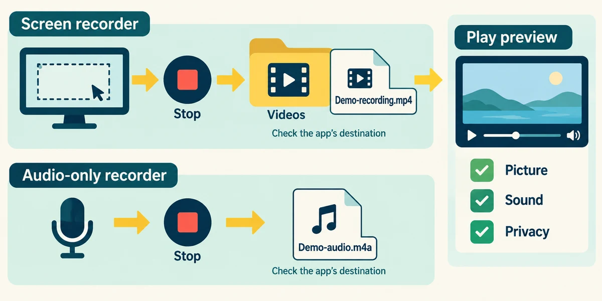 Stop, locate and replay the actual saved recording to check picture, sound and privacy.
