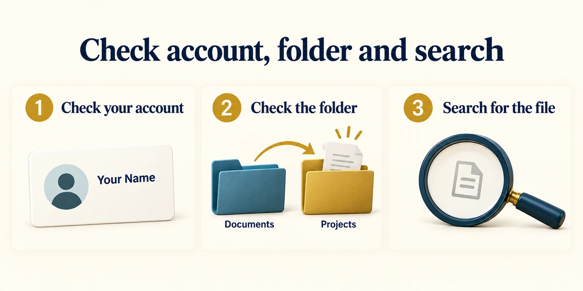 Check the account, folder and search before assuming a file was deleted.