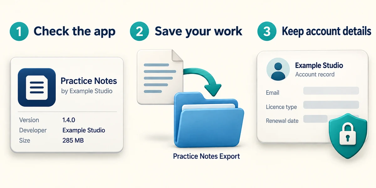Check the exact app, export important work and retain licence or account information before removal.