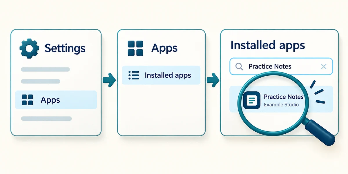 Find Practice Notes by Example Studio through Settings, Apps and Installed apps.