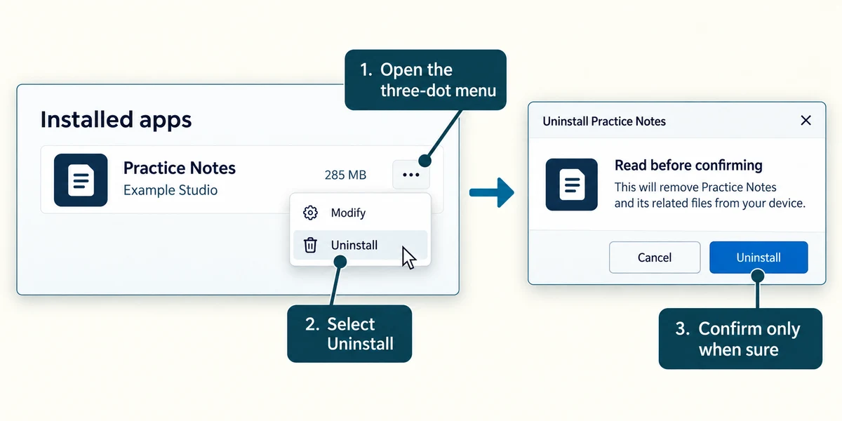 Use the app's three-dot menu and read the uninstall confirmation before proceeding.