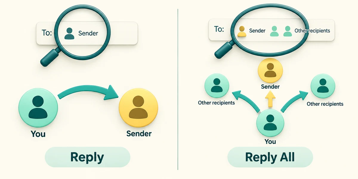 Reply targets the sender, while Reply All includes other visible recipients; inspect the recipient line.