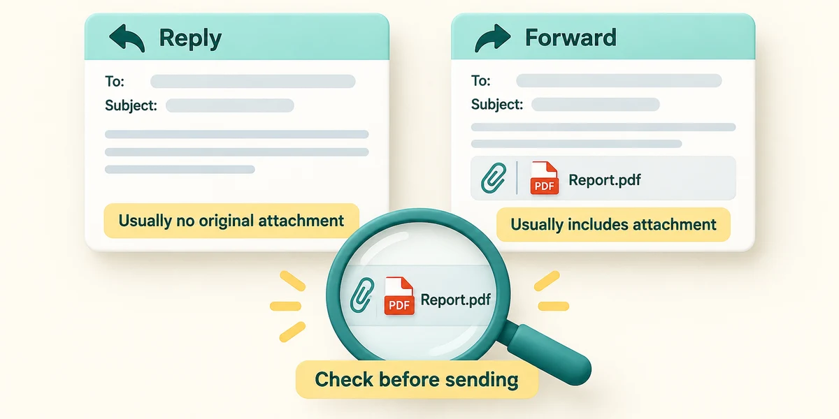 Reply usually omits original attachments; Forward usually includes them, so check the attachment area.