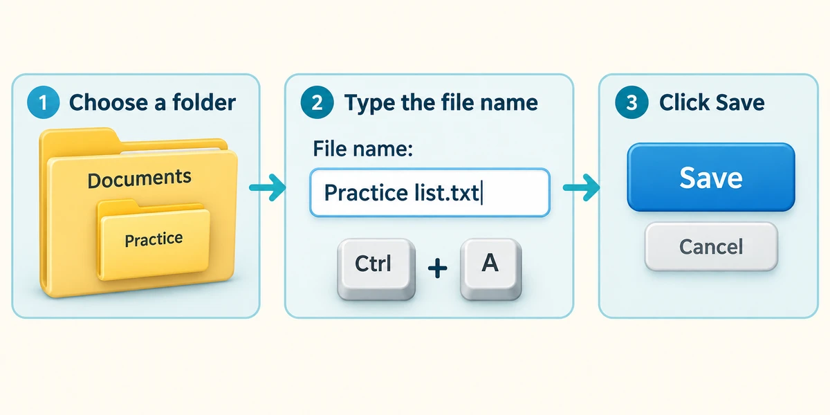 Choose a practice folder inside Documents, replace the file-name text and select Save.