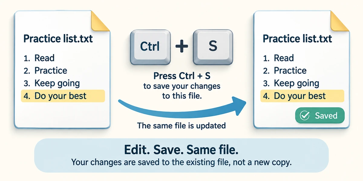 Ctrl and S save an added line back to the same named file.