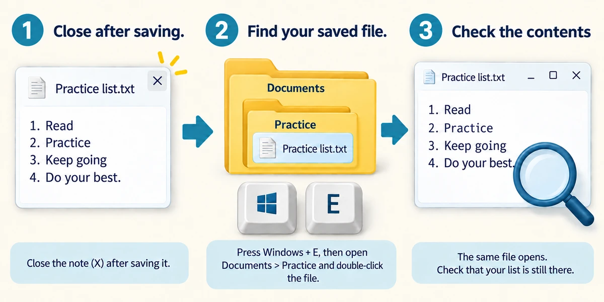 Close after saving, find the file through Documents and its practice folder, then reopen and check its contents.