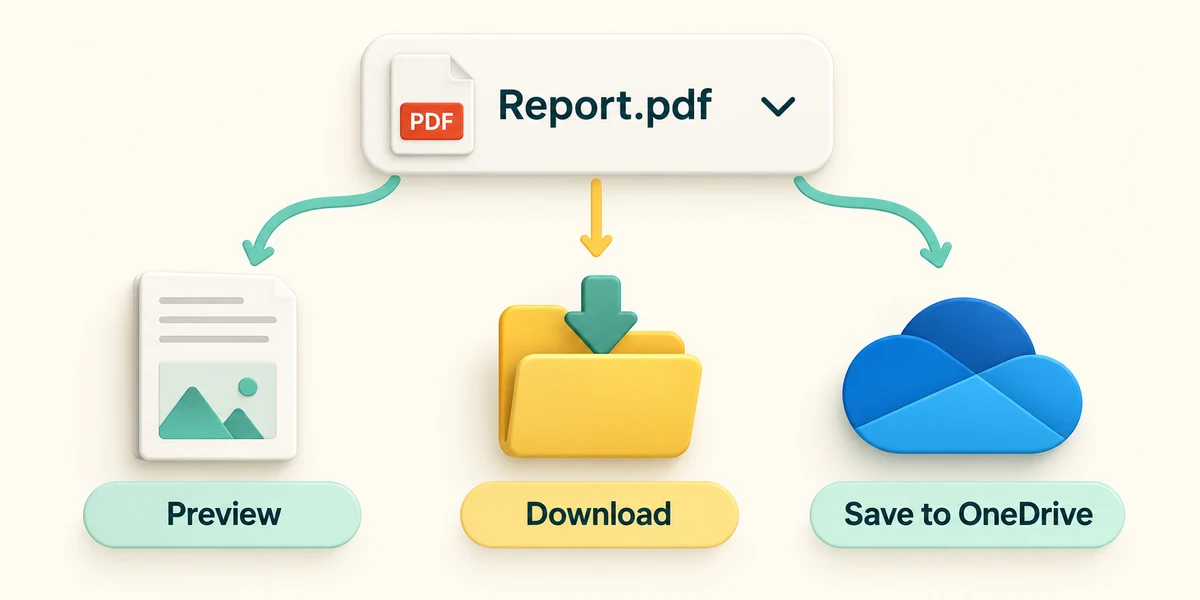 Preview shows contents, Download saves locally and Save to OneDrive saves to cloud storage.