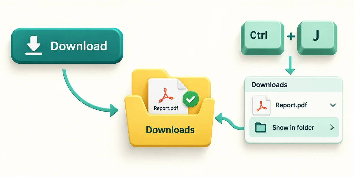 Download saves Report.pdf; Ctrl plus J opens the browser downloads list and Show in folder locates it.