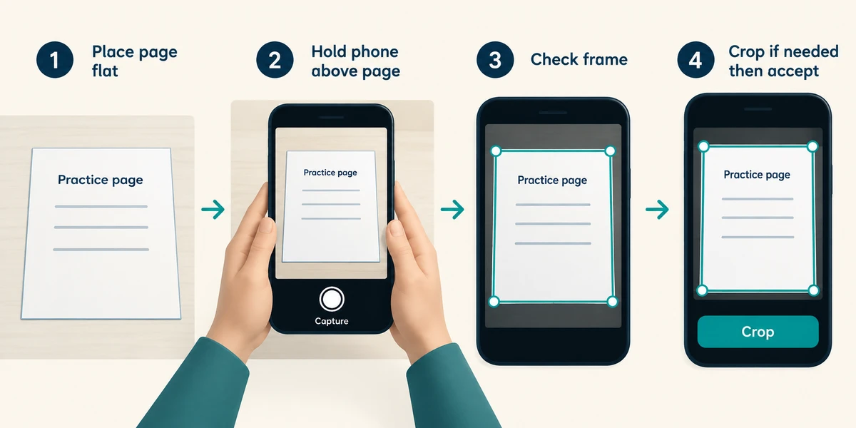 Position the phone so all four corners of the practice page are visible.