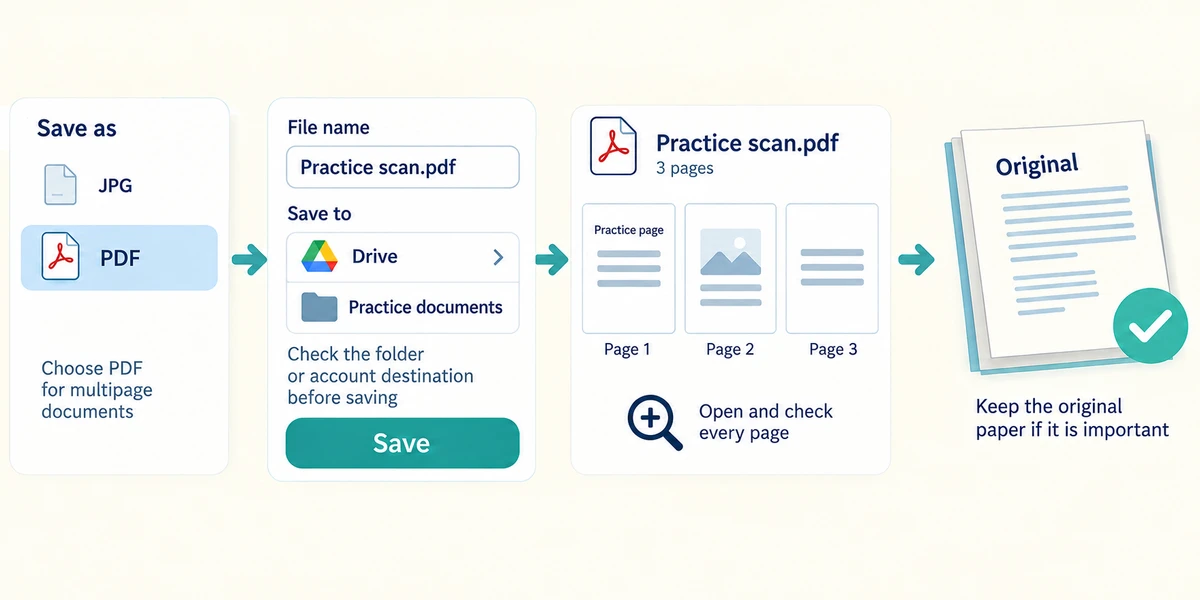 Save the three-page scan as a PDF and check the destination.