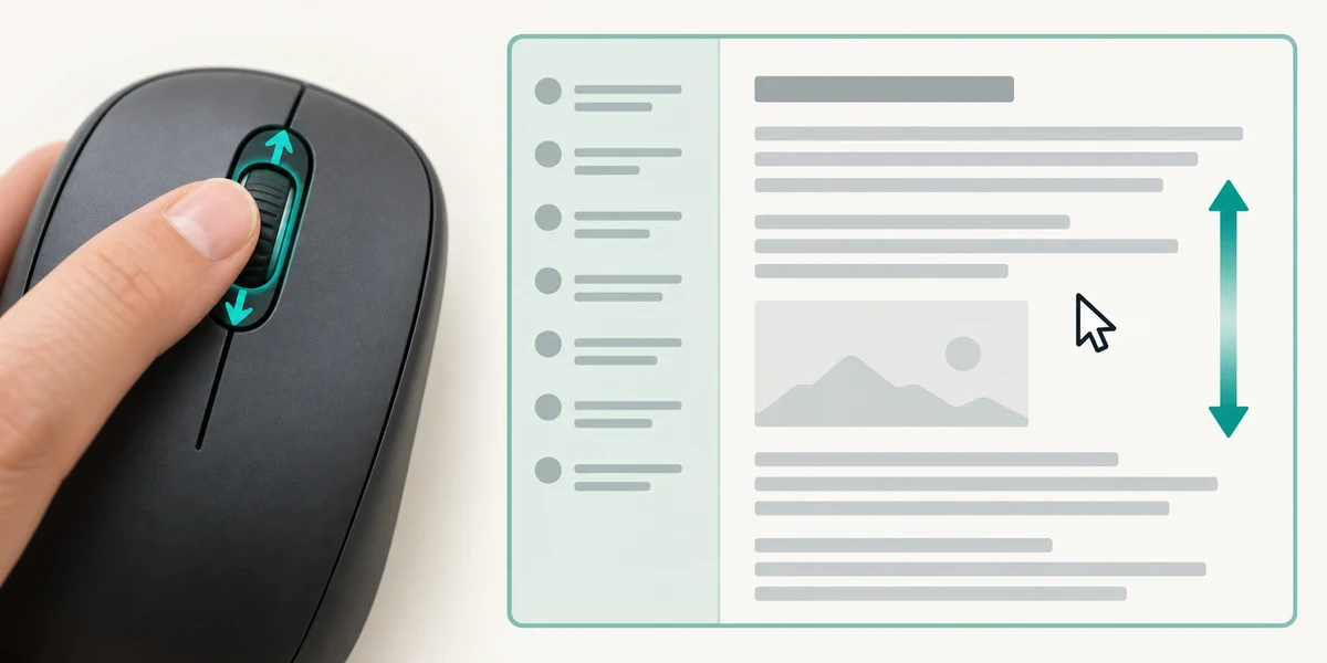 A mouse wheel scrolls the main content under the pointer while the side list stays still.