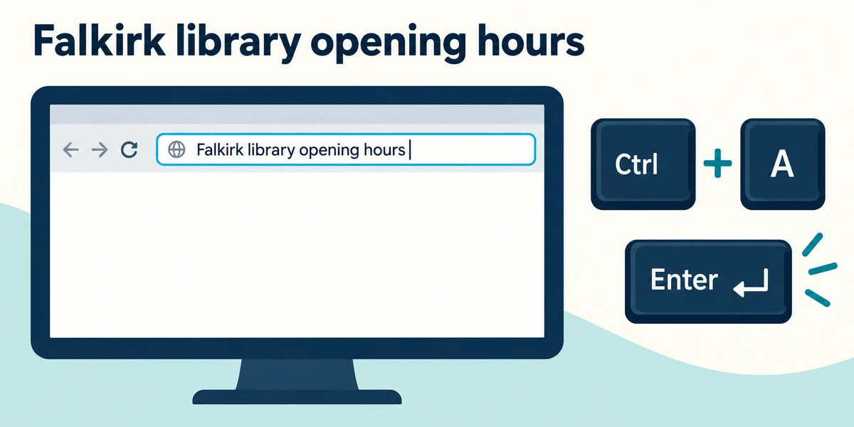 Falkirk library opening hours is entered in the browser address bar; Ctrl+A replaces the text and Enter submits it.