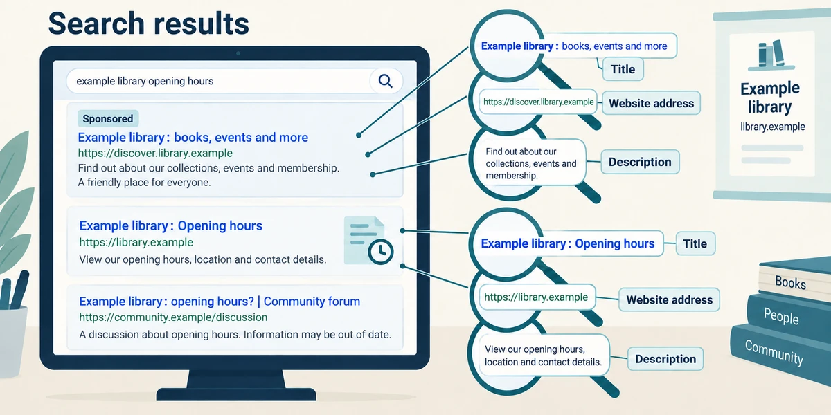Search-result callouts identify the title, website address and description for comparison before opening a result.