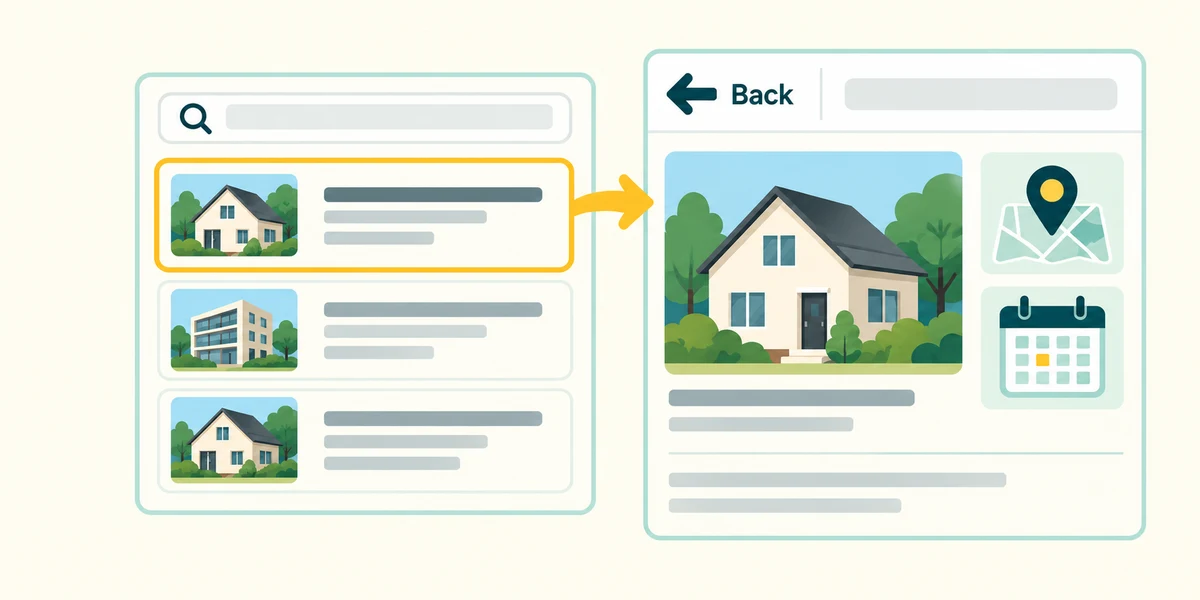 A search result opens a page whose place and date are checked, with Back available.