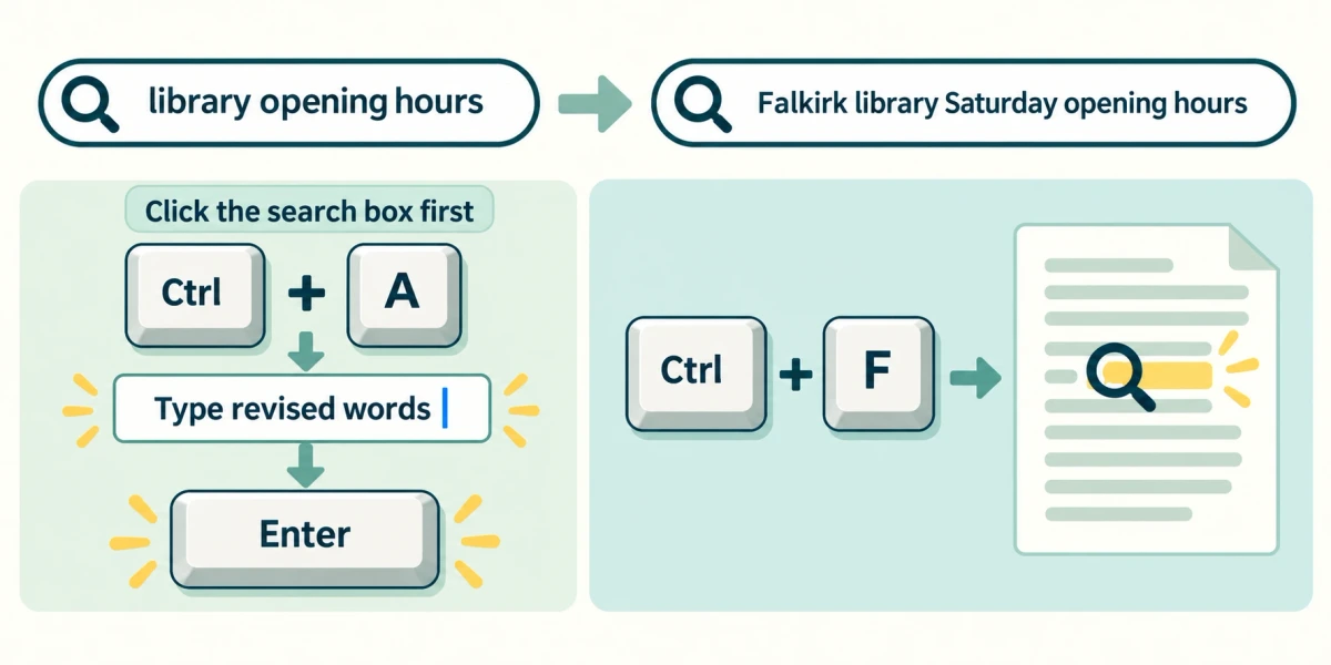 A search is refined using Ctrl+A, revised words and Enter, while Ctrl+F searches within one page.