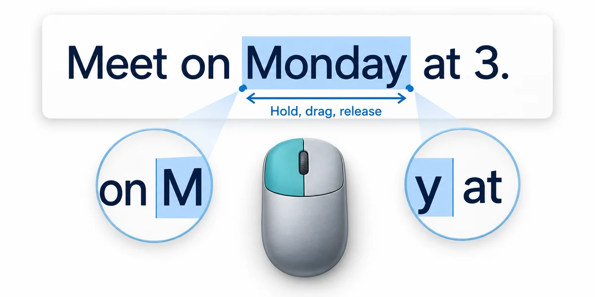 Only Monday is highlighted, with close-ups showing the selection starts before M and ends after y.