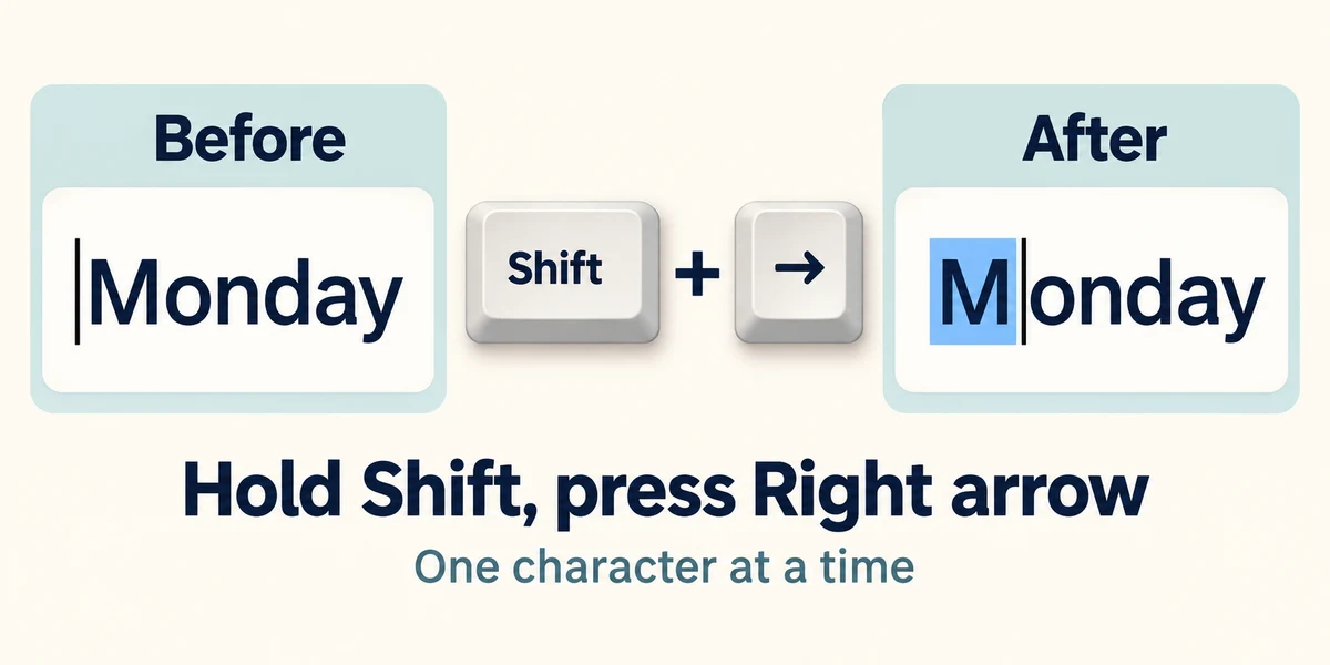 Holding Shift and pressing Right arrow once selects only M from Monday, starting at the caret before M.