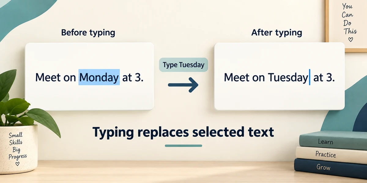Typing Tuesday replaces only the highlighted word Monday, keeping the rest of the sentence.