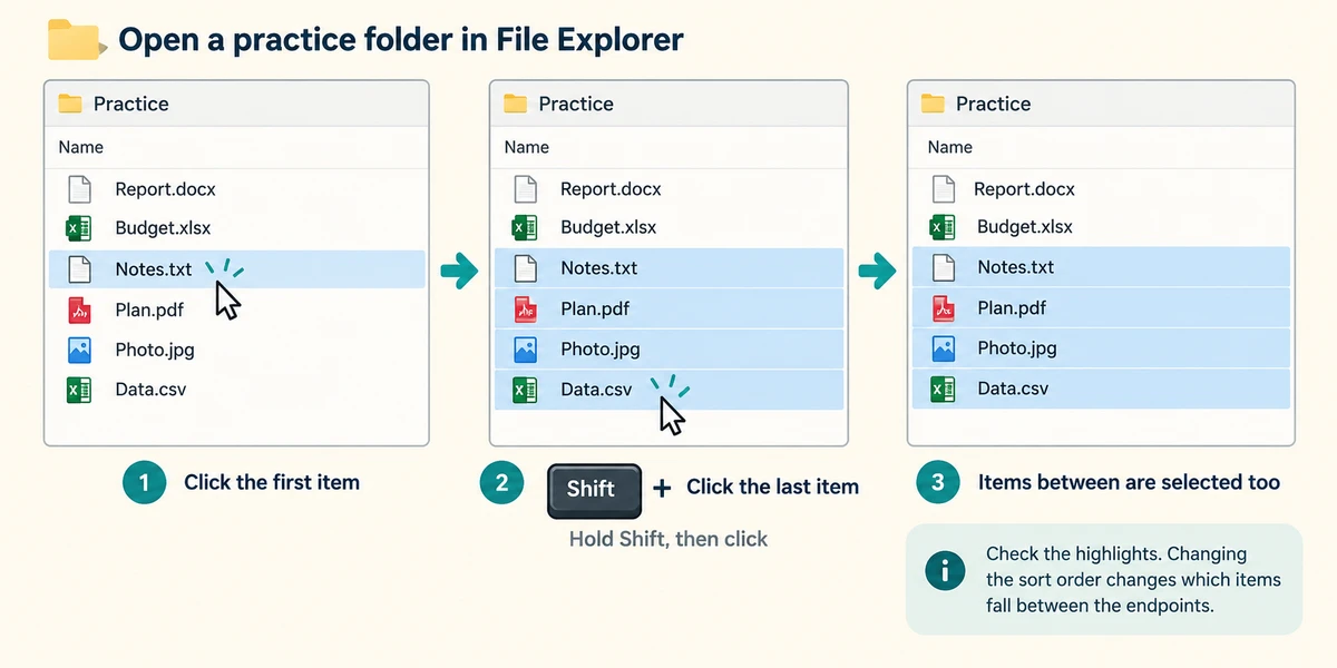 Shift selects a consecutive range from the first clicked file to the last.