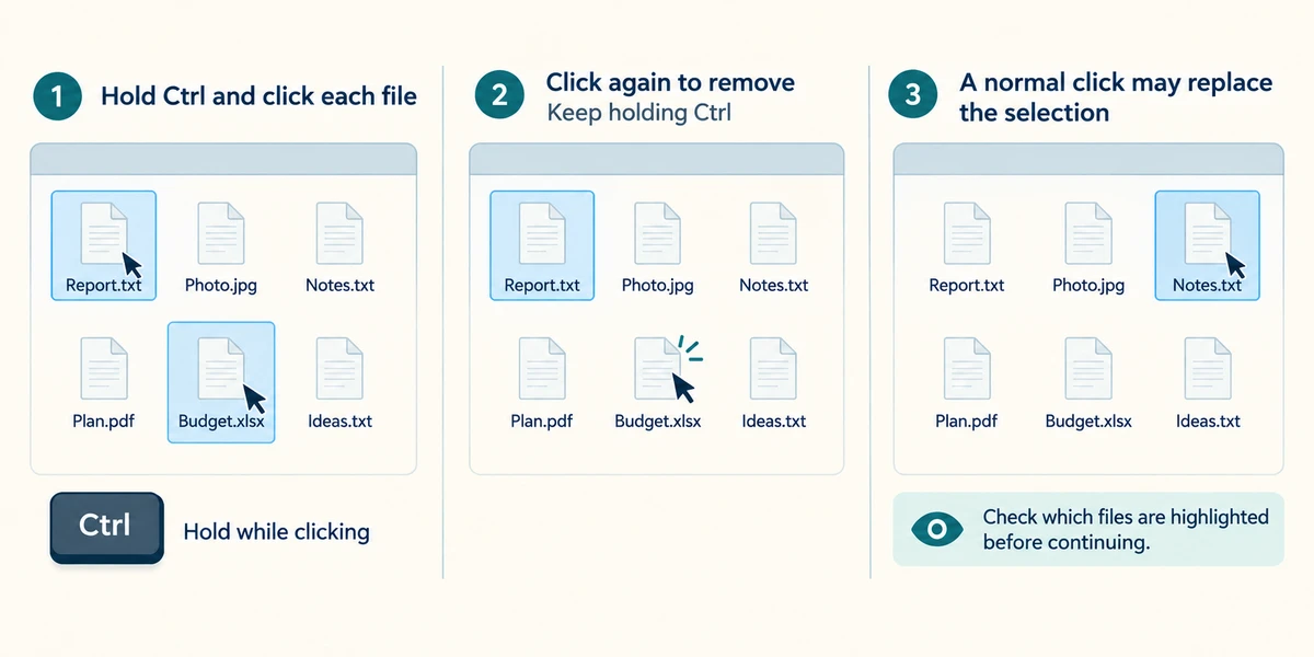 Hold Ctrl while choosing separate files, and keep holding it to deselect one.