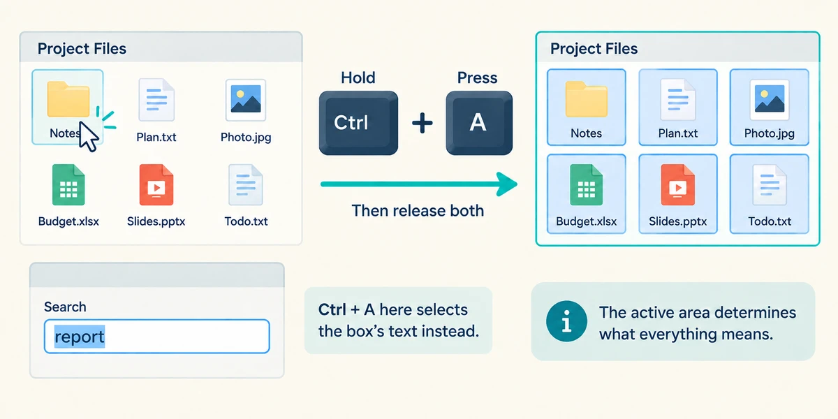 Ctrl and A select all files in the active file area, but select text inside an active search box.