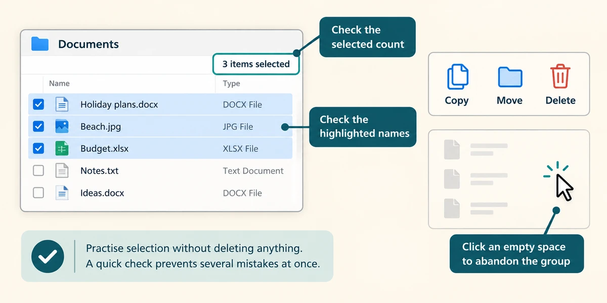 Check three highlighted files and the selected count before applying a command to the group.