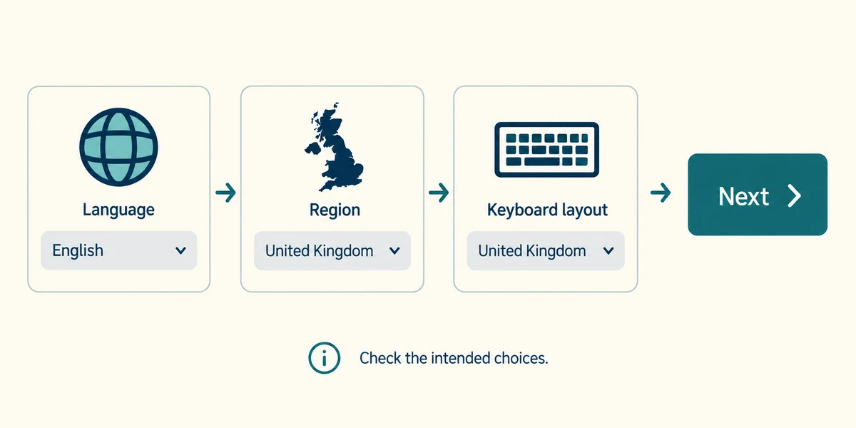 Check language, region and keyboard layout before confirming setup choices.