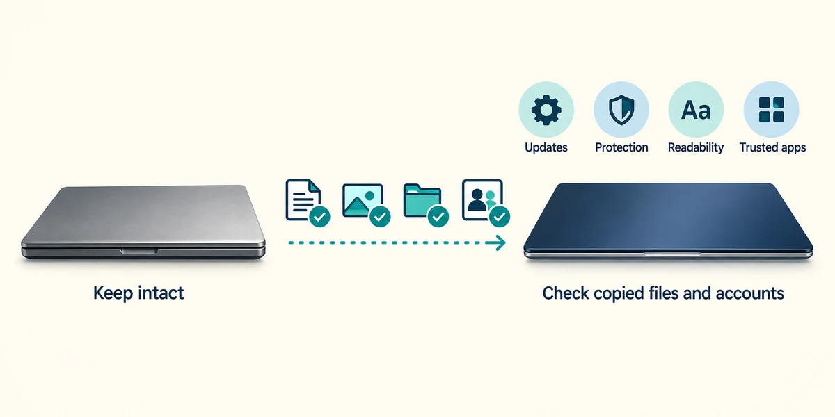 Keep the old computer intact until copied files and important accounts work on the new one.