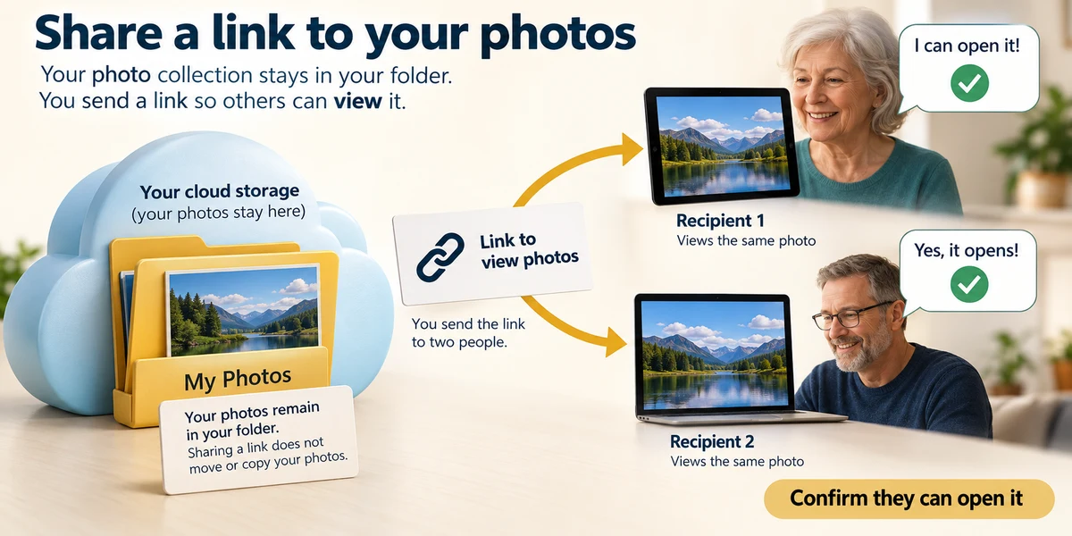 Recipients confirm that they can open shared photos while the original collection remains in its folder.