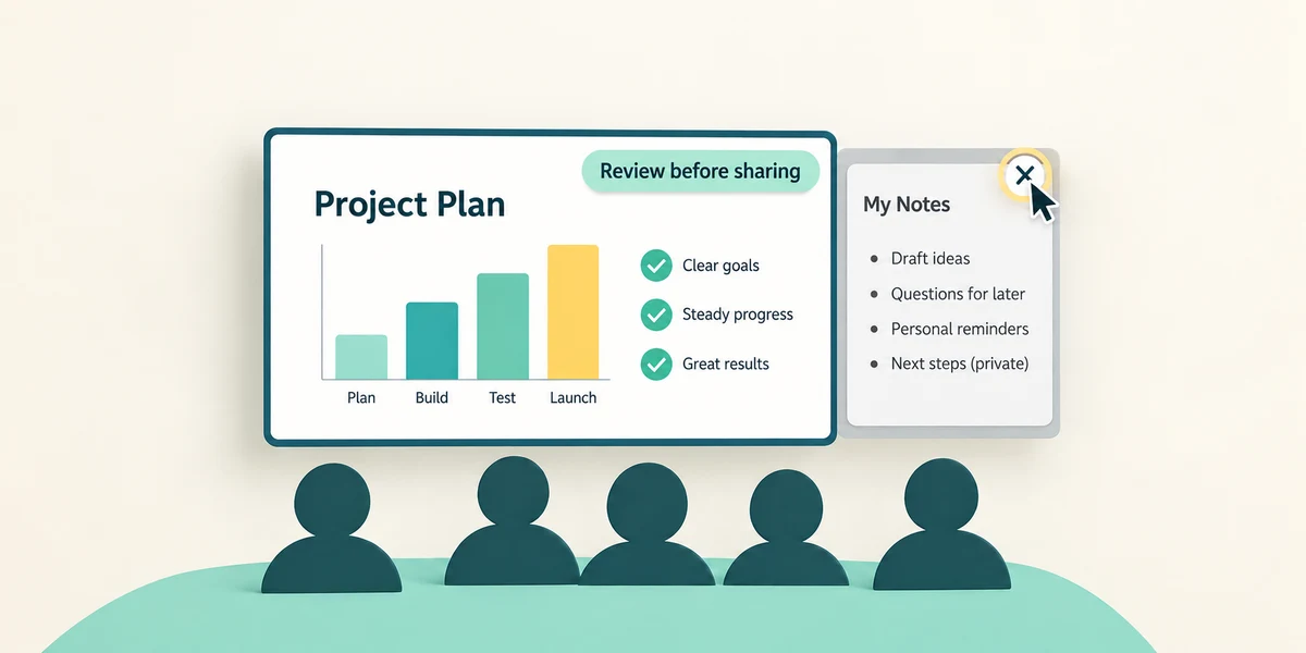 Review the intended document and close a private notes panel before sharing with the audience.