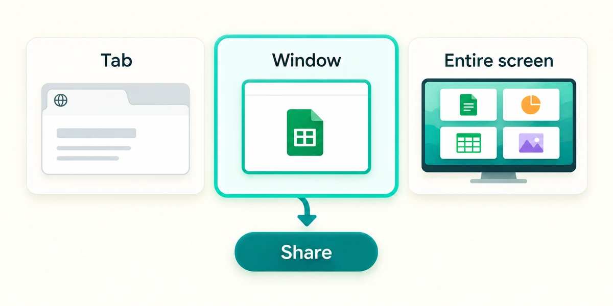 Choose a single window instead of a tab or entire screen, then confirm Share.