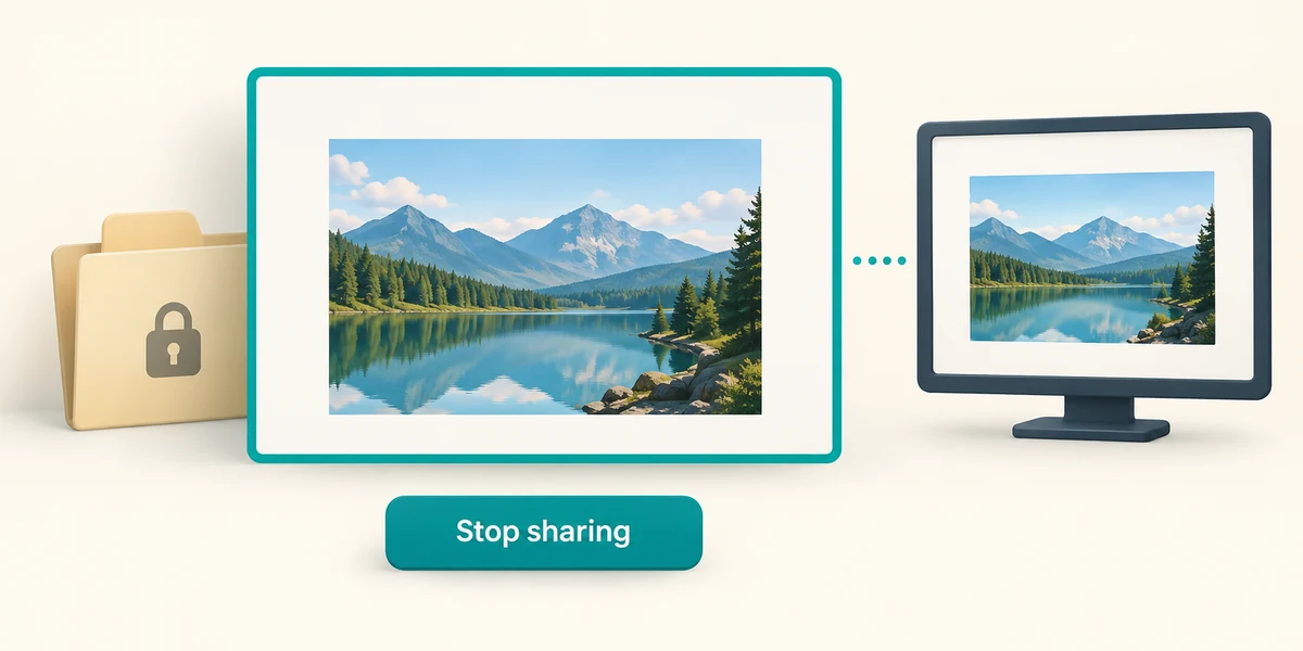 The same selected picture appears on the remote display while a private folder stays outside the shared area.