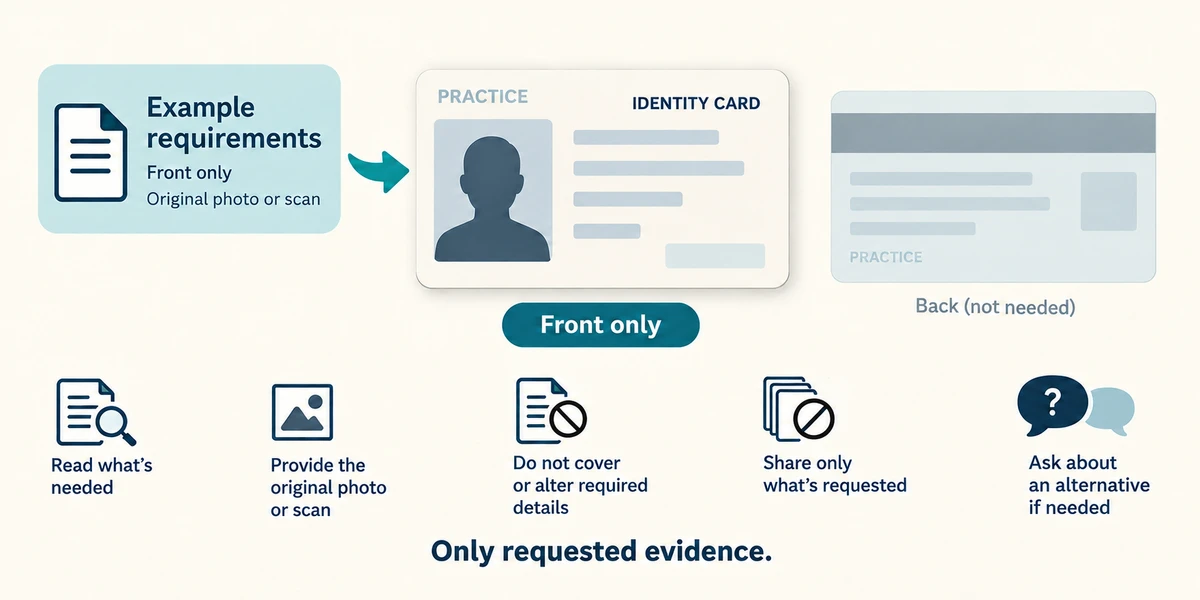 Example identity request asks for the front only and original evidence.