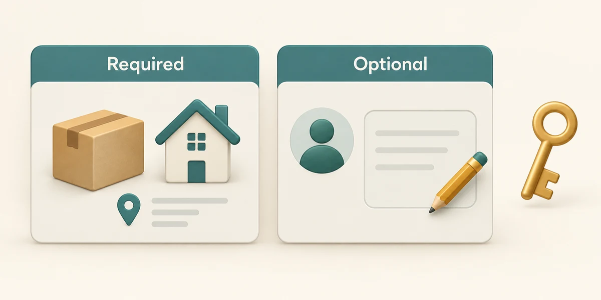 Required delivery details and optional profile information are separated from a private key.
