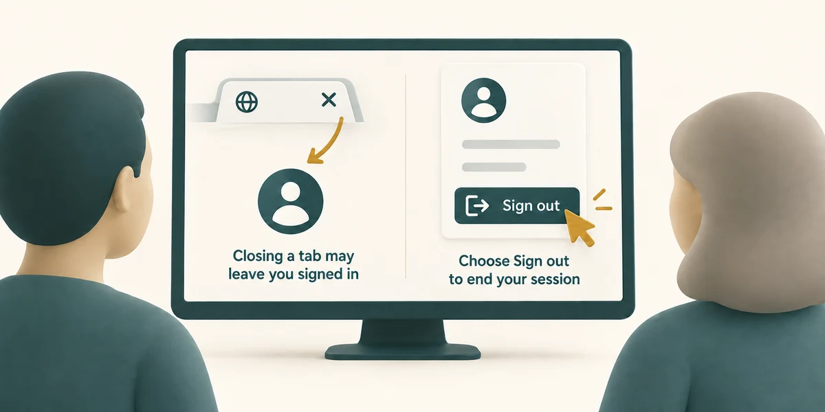 Closing a tab may leave an account signed in; the Sign out action ends the session.