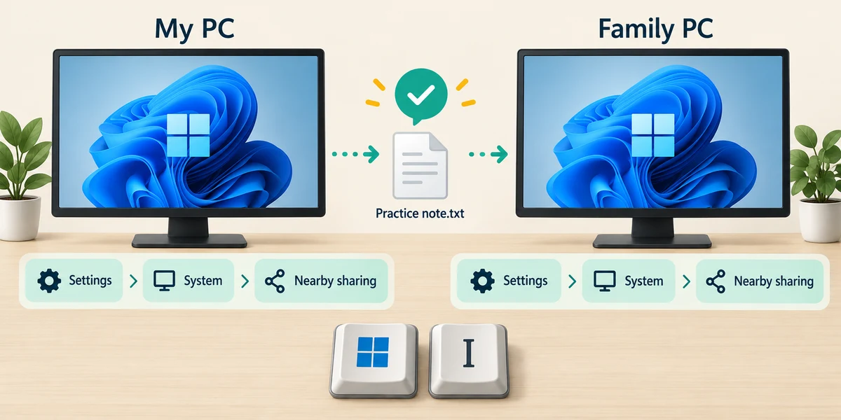 Both My PC and Family PC use Settings, System and Nearby sharing after agreeing the intended file.