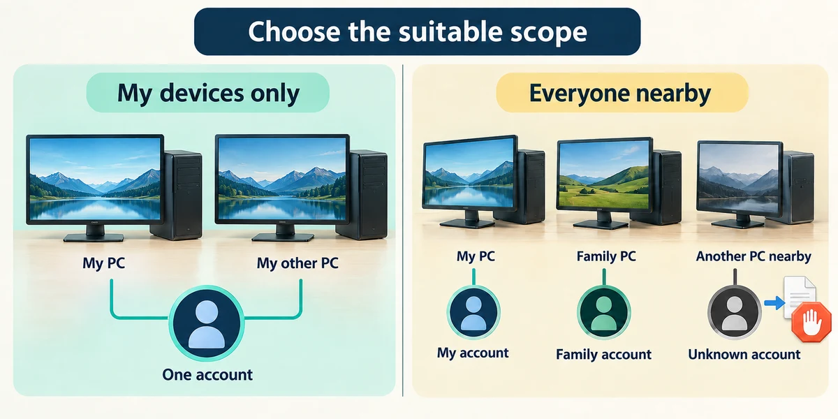 My devices only uses the same account; Everyone nearby can discover other PCs but does not mean every offer should be accepted.