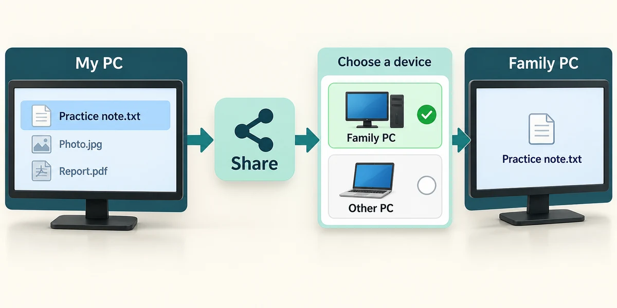 My PC selects Practice note.txt, chooses Share and selects the confirmed Family PC.