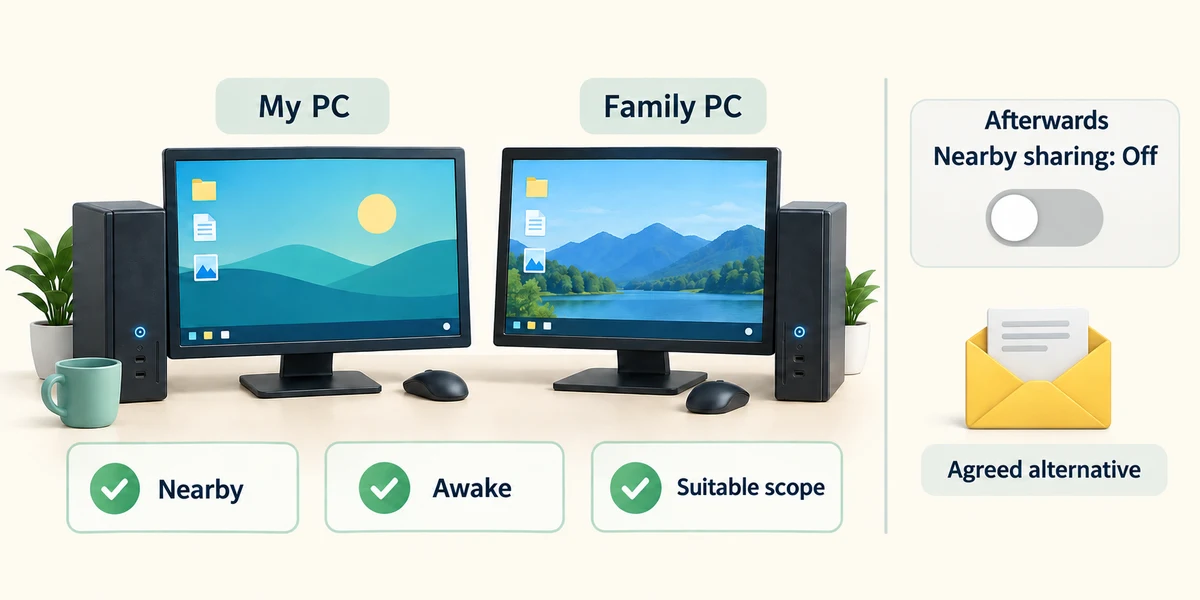 Two nearby awake PCs, suitable sharing scope checks, an email alternative and turning discovery off afterwards.